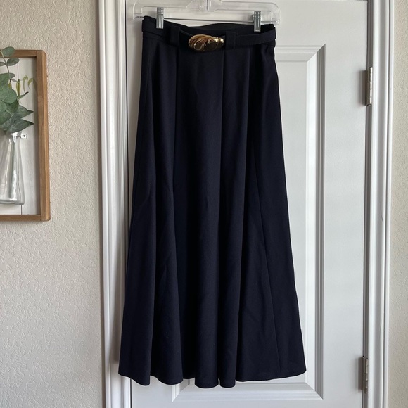 Vintage Dresses & Skirts - Vintage 100% wool navy gold belted midi equestrian classic skirt